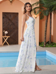 Robe de Demoiselle d'Honneur à Bretelles Spaghetti et Col en V Lavande Florale