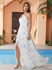 Robe de Demoiselle d'Honneur à Bretelles Spaghetti et Col en V Lavande Florale