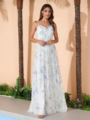 Robe de Demoiselle d'Honneur à Bretelles Spaghetti et Col en V Lavande Florale