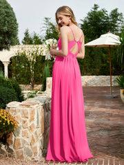 Robe en Mousseline à Bretelles Spaghetti et Col en V avec Fente Fuchsia Grande Taille