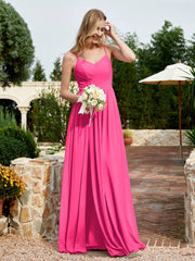 Robe en Mousseline à Bretelles Spaghetti et Col en V avec Fente Fuchsia Grande Taille