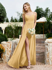 Robe en Mousseline à Bretelles Spaghetti et Col en V avec Fente Or