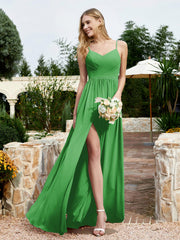Robe en Mousseline à Bretelles Spaghetti et Col en V avec Fente Vert Grande Taille