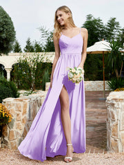 Robe en Mousseline à Bretelles Spaghetti et Col en V avec Fente Lilas Grande Taille