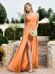 Robe en Mousseline à Bretelles Spaghetti et Col en V avec Fente Orange Grande Taille