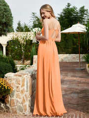 Robe en Mousseline à Bretelles Spaghetti et Col en V avec Fente Orange Grande Taille