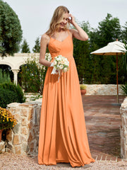 Robe en Mousseline à Bretelles Spaghetti et Col en V avec Fente Orange Grande Taille