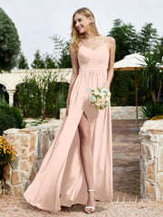 Robe en Mousseline à Bretelles Spaghetti et Col en V avec Fente Rose Perle