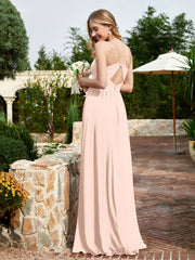 Robe en Mousseline à Bretelles Spaghetti et Col en V avec Fente Rose Perle Grande Taille