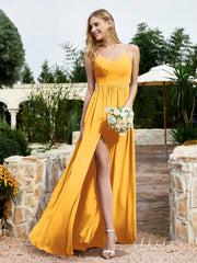 Robe en Mousseline à Bretelles Spaghetti et Col en V avec Fente Mandarine Grande Taille