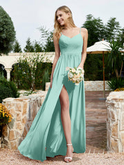 Robe en Mousseline à Bretelles Spaghetti et Col en V avec Fente Turquoise Grande Taille