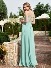 Robe en Mousseline à Bretelles Spaghetti et Col en V avec Fente Turquoise Grande Taille