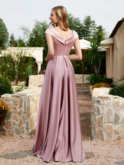 Robe en Satin à Mancherons et Col en V avec Poches Rose Poudré