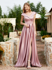 Robe en Satin à Mancherons et Col en V avec Poches Rose Poudré