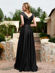 Robe en Satin à Mancherons et Col en V avec Poches Noir