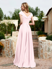 Robe en Satin à Mancherons et Col en V avec Poches Rose Pâle