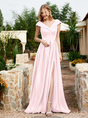 Robe en Satin à Mancherons et Col en V avec Poches Rose Pâle