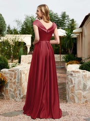 Robe en Satin à Mancherons et Col en V avec Poches Bordeaux