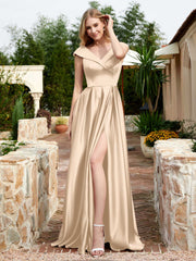 Robe en Satin à Mancherons et Col en V avec Poches Champagne Grande Taille