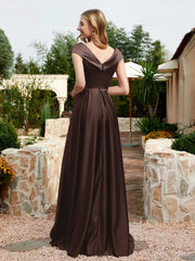 Robe en Satin à Mancherons et Col en V avec Poches Chocolat Grande Taille