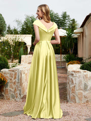 Robe en Satin à Mancherons et Col en V avec Poches Jonquille Grande Taille
