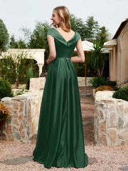 Robe en Satin à Mancherons et Col en V avec Poches Vert Foncé