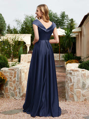 Robe en Satin à Mancherons et Col en V avec Poches Bleu Marine Grande Taille