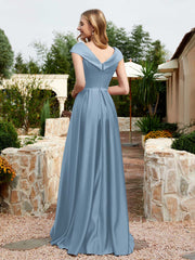Robe en Satin à Mancherons et Col en V avec Poches Bleu Poudré