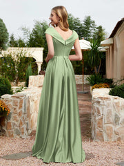 Robe en Satin à Mancherons et Col en V avec Poches Sauge Poudrée Grande Taille