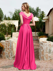 Robe en Satin à Mancherons et Col en V avec Poches Fuchsia