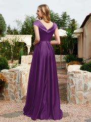 Robe en Satin à Mancherons et Col en V avec Poches Raisin Grande Taille