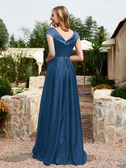Robe en Satin à Mancherons et Col en V avec Poches Bleu Encre Grande Taille