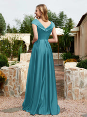 Robe en Satin à Mancherons et Col en V avec Poches Jade