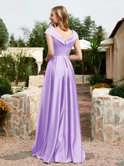 Robe en Satin à Mancherons et Col en V avec Poches Lilas