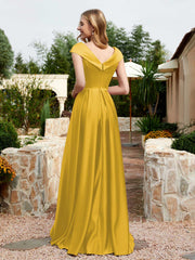 Robe en Satin à Mancherons et Col en V avec Poches Souci Grande Taille