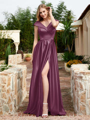 Robe en Satin à Mancherons et Col en V avec Poches Mûre Grande Taille