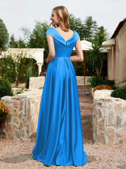 Robe en Satin à Mancherons et Col en V avec Poches Bleu Océan Grande Taille