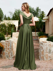 Robe en Satin à Mancherons et Col en V avec Poches Olive Verte