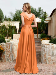 Robe en Satin à Mancherons et Col en V avec Poches Orange Grande Taille