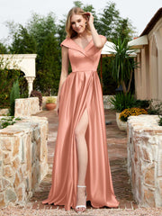 Robe en Satin à Mancherons et Col en V avec Poches Papaye