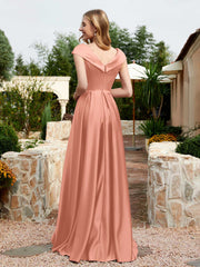Robe en Satin à Mancherons et Col en V avec Poches Papaye Grande Taille