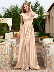 Robe en Satin à Mancherons et Col en V avec Poches Pêche Grande Taille