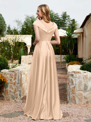 Robe en Satin à Mancherons et Col en V avec Poches Pêche Grande Taille