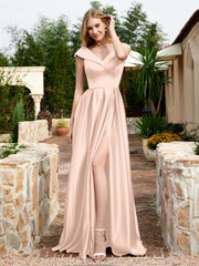 Robe en Satin à Mancherons et Col en V avec Poches Rose Perle Grande Taille