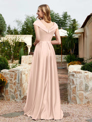 Robe en Satin à Mancherons et Col en V avec Poches Rose Perle