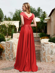 Robe en Satin à Mancherons et Col en V avec Poches Rouge