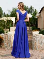 Robe en Satin à Mancherons et Col en V avec Poches Bleu Royale Grande Taille