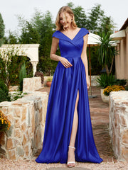 Robe en Satin à Mancherons et Col en V avec Poches Bleu Royale Grande Taille