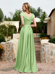 Robe en Satin à Mancherons et Col en V avec Poches Sauge