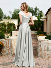 Robe en Satin à Mancherons et Col en V avec Poches Argent